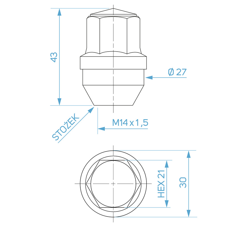 Nakrętki do felg aluminiowych, typ Tesla – M14x1,5 / ocynk, stała podkładka, K21 - Carbonado