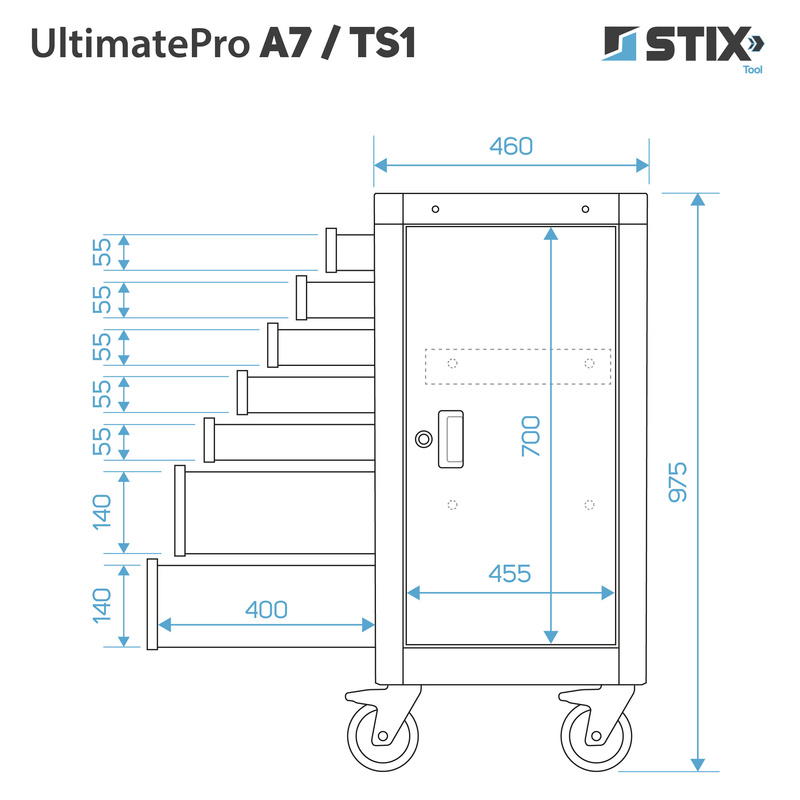 Szafka warsztatowa / wózek narzędziowy 7 szuflad, schowek boczny + zestaw narzędzi 267 elementów - UltimatePro A7/TS1 - Stix