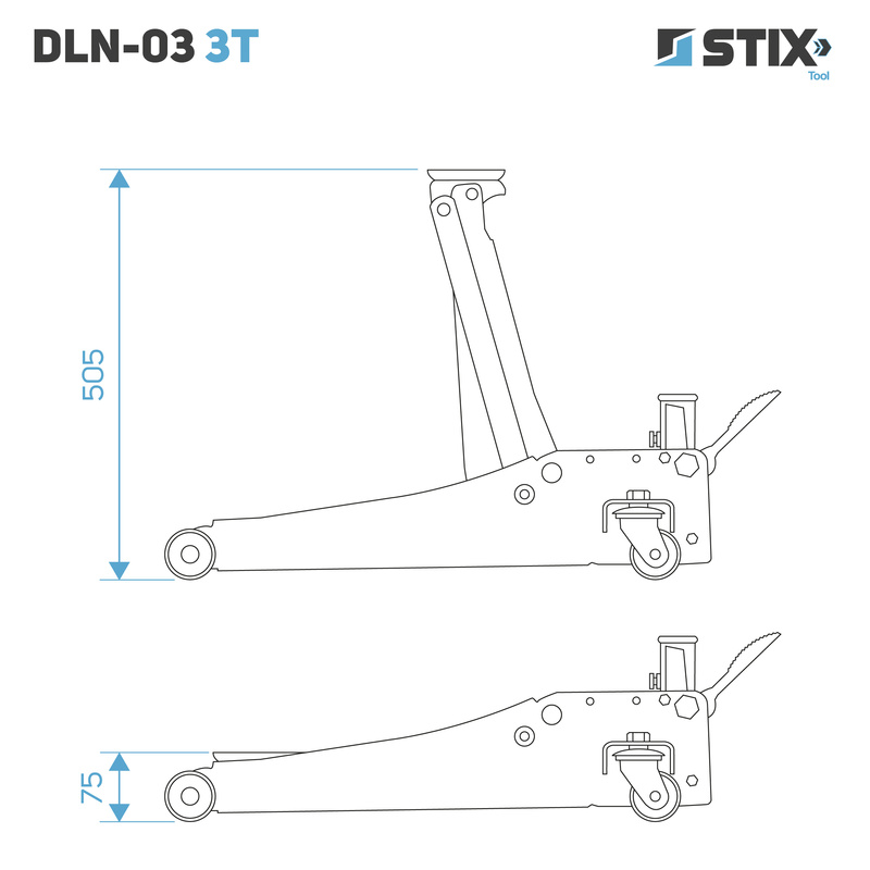 Lewarek / żaba podnośnik hydrauliczny niski profil z pedałem wysokość 75-505 mm DLN-03 3T - Stix
