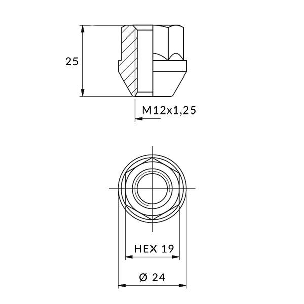 Nakrętki do felg aluminiowych, kół - M12x1,25 / Ocynk - (otwarta z kołnierzem) - klucz 19 / IS