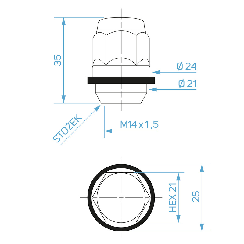 Nakrętki do felg stalowych, typ Hyundai – M12x1,5 / ocynk, podkładka z tworzywa, K21 - Carbonado