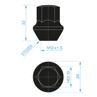 Czarne nakrętki do oryginalnych felg aluminiowych Ford M12x1,5 jednoczęściowe, klucz 19 - Carbonado