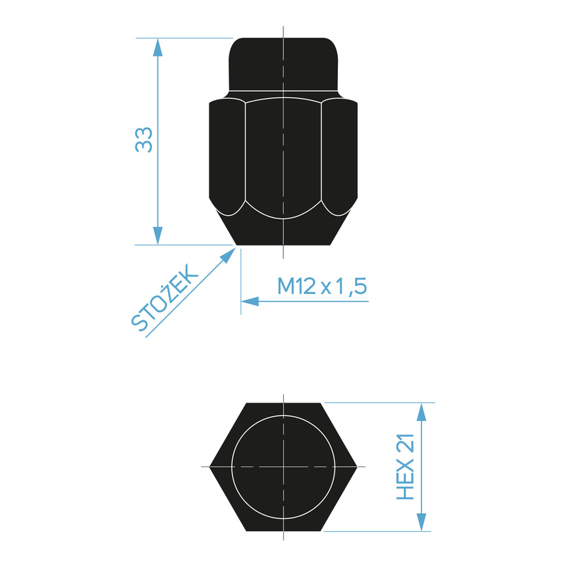 Czarne nakrętki do felg aluminiowych, typ Kia – M12x1,5 / zamknięta bez kołnierza, K21 - Carbonado
