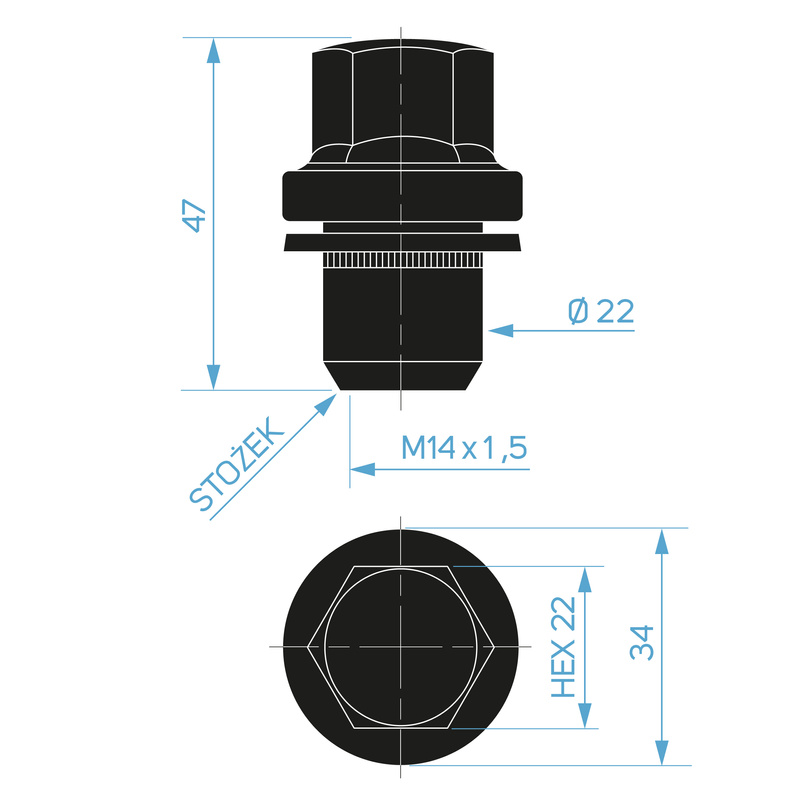 Czarne nakrętki do felg aluminiowych, typ Land Rover – M14x1,5 / ruchoma podkładka, K22 - Carbonado