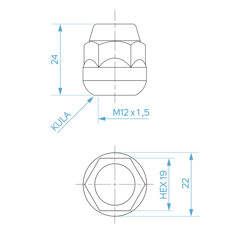 Nakrętki do oryginalnych felg aluminiowych Honda M12x1,5 kula, ocynk, zamknięte krótkie, klucz 19 - Carbonado