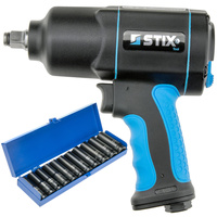 Klucz pneumatyczny udarowy 1700 Nm 1/2" STIX STT-17 kompozytowy + nasadki długie udarowe CR-MO SERIES 7 10–24 mm (zestaw 11 szt.) w kasetce