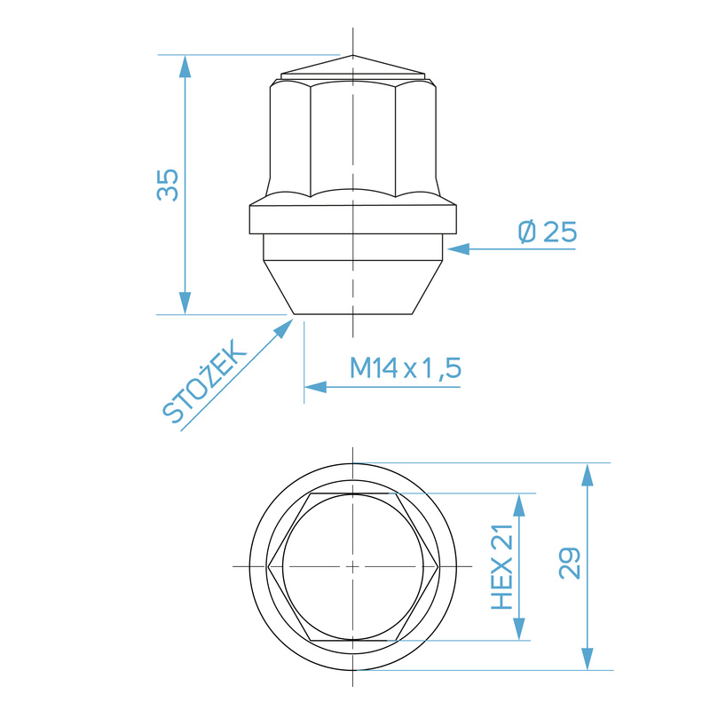 Nakrętki do felg aluminiowych, typ Ford – M14x1,5 / ocynk, stała podkładka, K21 - Carbonado