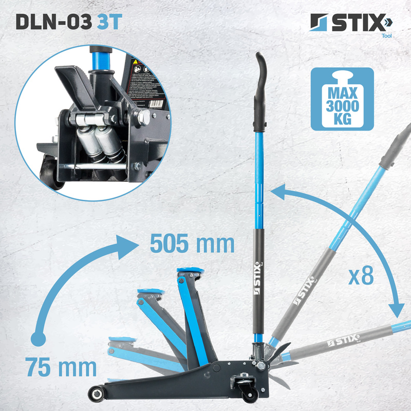 Lewarek / żaba podnośnik hydrauliczny niski profil z pedałem wysokość 75-505 mm DLN-03 3T - Stix