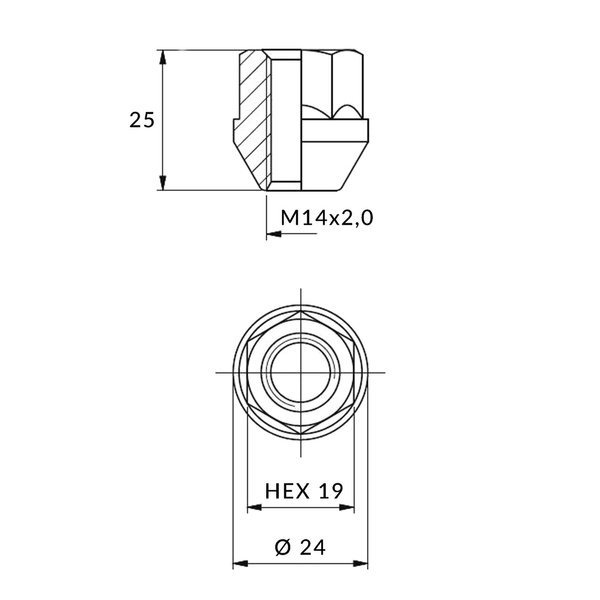 Nakrętki do felg aluminiowych M14x2,0 ocynk, otwarte z kołnierzem, klucz 19, IS - Carbonado
