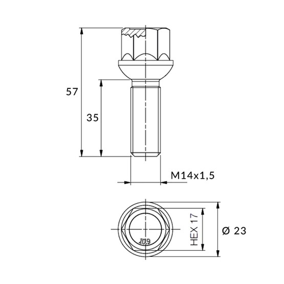 Czarna śruba do felg M14x1.5 35 mm – klucz 17. Kula