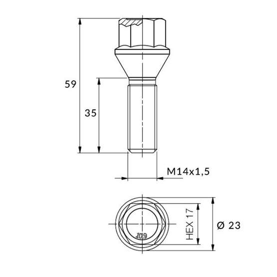 Czarna śruba do felg M14x1.5 35 mm – klucz 17. Stożek