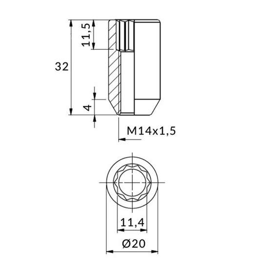 Nakrętki Torx do felg z wąskimi otworami - M14x1,5 / Chrom - (wąska)