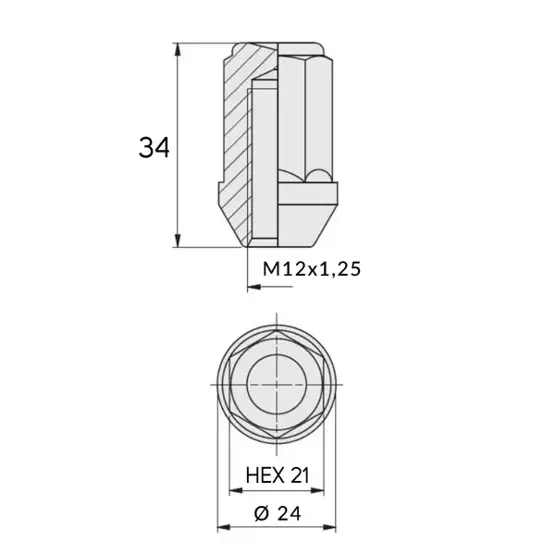 Nakrętki do felg aluminiowych, kół - M12x1,25 / Ocynk klucz 21 - (zamknięta) - Carbonado