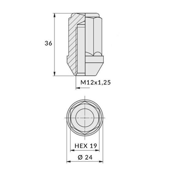 Nakrętki do felg aluminiowych, kół - M12x1,25 / Ocynk - (zamknięta) - klucz 19 / IS