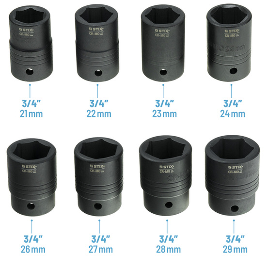 Nasadki udarowe 3/4" i 1" z akcesoriami – 26 elementów, walizka (od 21 do 65 mm) STT CR-MO SERIES 9 - Stix Tool