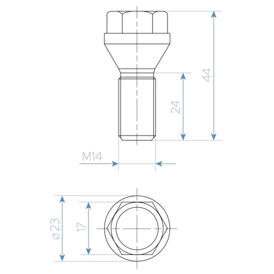 Śruba do felg / kół M14x1.50 stożek / K17 – 24 mm - krótki łeb